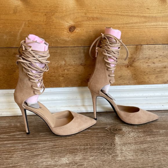 Nasty Gal Raft Heel Womens 7.5 Beige Sexy Ankle Tie Lace Up High Pointed Toe - Picture 5 of 8